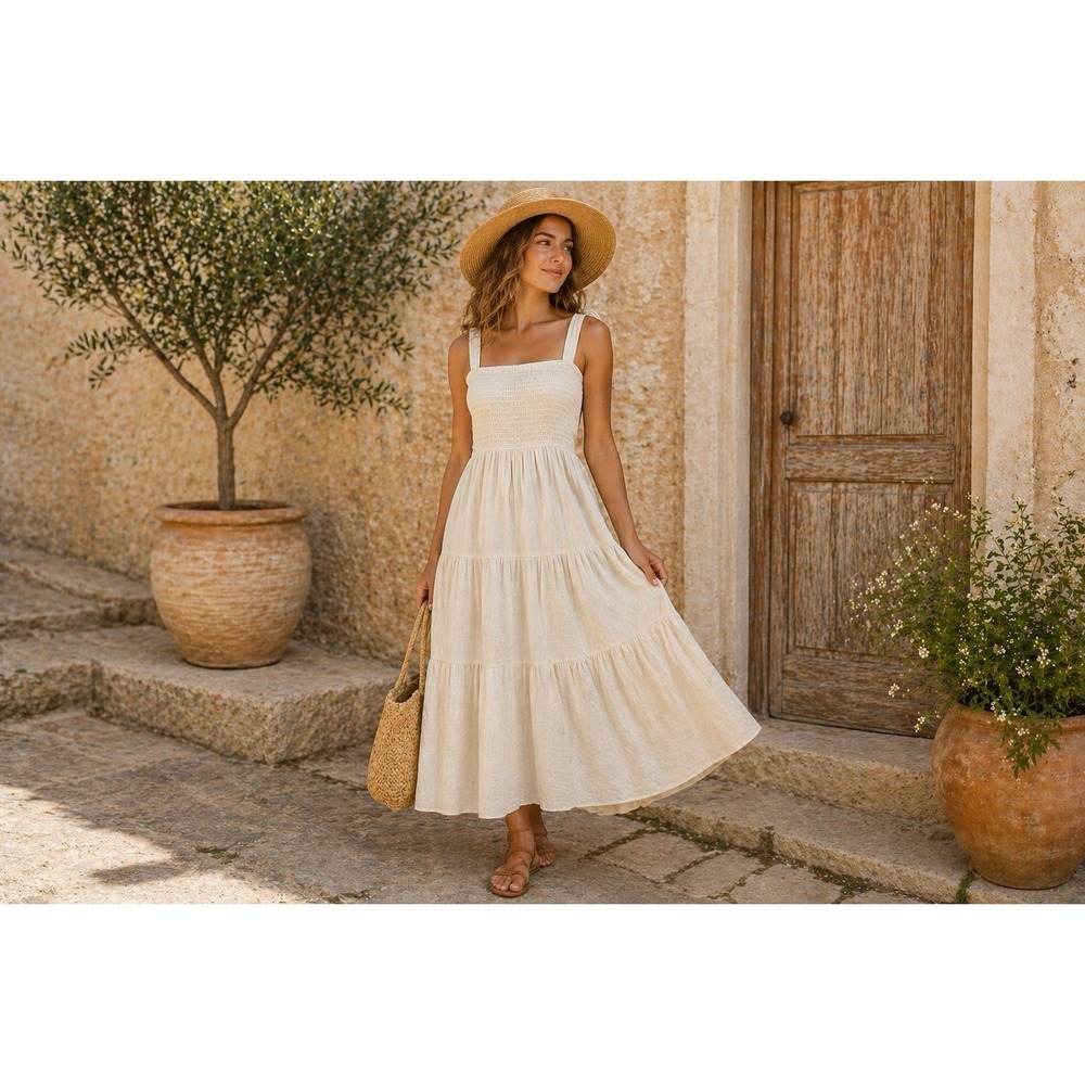 Sweet Wanderer Smocked Tiered Midi Dress Wm's M Cream Boho Cottagecore Sundres